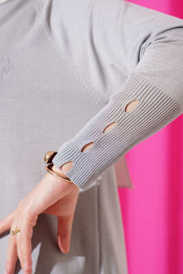 Etek Ucu Dantel Detaylı Triko Tunik Gri - Thumbnail