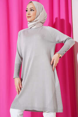 Etek Ucu Dantel Detaylı Triko Tunik Gri - Thumbnail