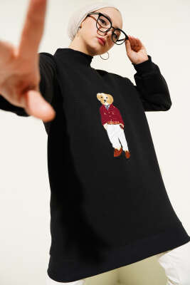 Ayıcıklı Üç İplik Sweatshirt Siyah - Thumbnail