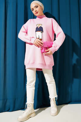 Ayıcıklı Üç İplik Sweatshirt Pembe - Thumbnail