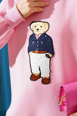 Ayıcıklı Üç İplik Sweatshirt Pembe - Thumbnail