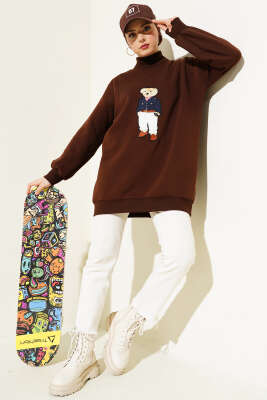 Ayıcıklı Üç İplik Sweatshirt Kahve - Thumbnail