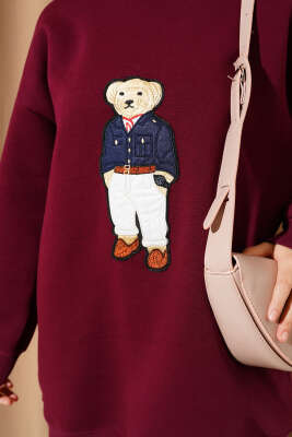 Ayıcıklı Üç İplik Sweatshirt Bordo - Thumbnail