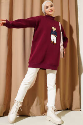 Ayıcıklı Üç İplik Sweatshirt Bordo - Thumbnail