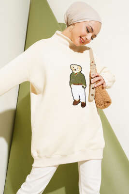 Ayıcıklı Üç İplik Sweatshirt Bej - Thumbnail