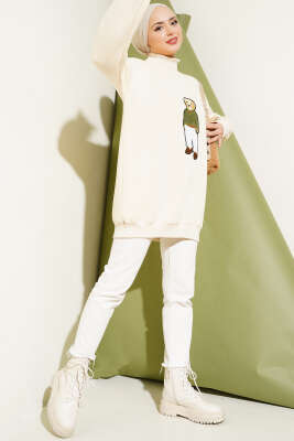 Ayıcıklı Üç İplik Sweatshirt Bej - Thumbnail