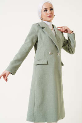 Pazarium - Omuz Taşlı Kaşe Kaban Mint Yeşili