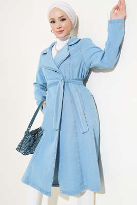 Kruvaze Yaka Cepli Kot Trençkot Buz Mavisi - Thumbnail