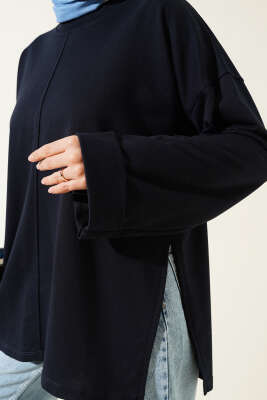 Duble Kol İp Bağcıklı Tunik Lacivert - Thumbnail