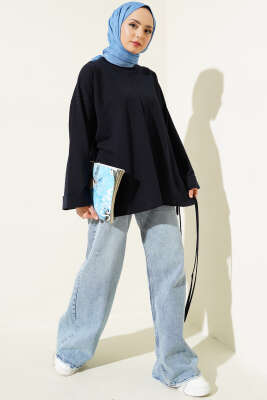 Duble Kol İp Bağcıklı Tunik Lacivert - Thumbnail