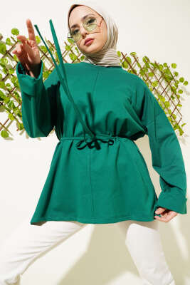 Duble Kol İp Bağcıklı Tunik Zümrüt - Thumbnail