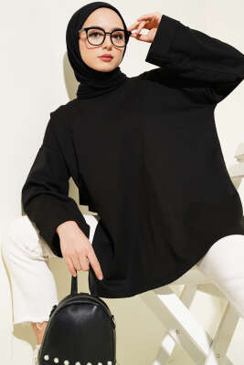 Pazarium - Duble Kol İp Bağcıklı Tunik Siyah