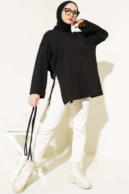 Duble Kol İp Bağcıklı Tunik Siyah - Thumbnail