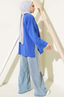 Duble Kol İp Bağcıklı Tunik Saks - Thumbnail