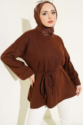 Duble Kol İp Bağcıklı Tunik Kahve - Thumbnail