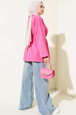 Duble Kol İp Bağcıklı Tunik Fuşya - Thumbnail