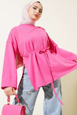 Duble Kol İp Bağcıklı Tunik Fuşya - Thumbnail
