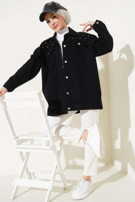 Taşlı Kot Ceket Siyah - Thumbnail