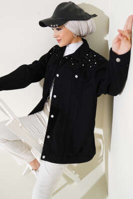 Taşlı Kot Ceket Siyah - Thumbnail