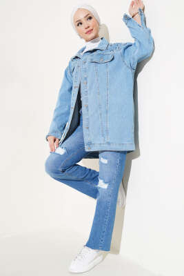 Taşlı Kot Ceket Mavi - Thumbnail
