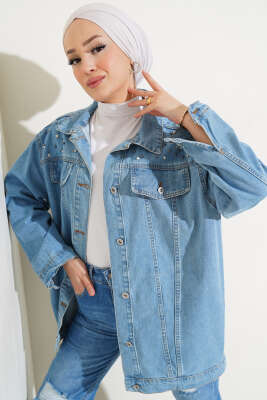 Taşlı Kot Ceket Mavi - Thumbnail