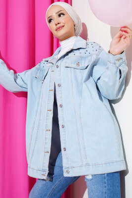 Taşlı Kot Ceket Buz Mavisi - Thumbnail