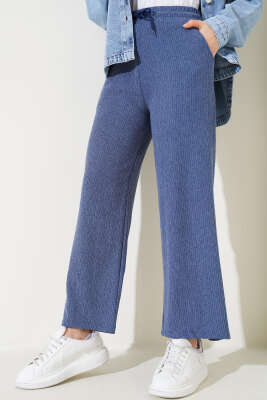 Bel Lastikli Geniş Paça Bürümcük Pantolon İndigo - Thumbnail