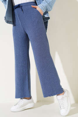 Bel Lastikli Geniş Paça Bürümcük Pantolon İndigo - Thumbnail