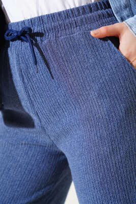 Bel Lastikli Geniş Paça Bürümcük Pantolon İndigo - Thumbnail