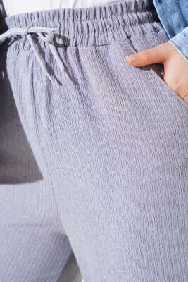 Bel Lastikli Geniş Paça Bürümcük Pantolon Gri - Thumbnail