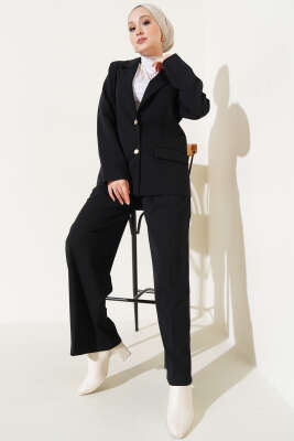 Pazarium - Gold Düğmeli Ceketli İkili Takım Siyah
