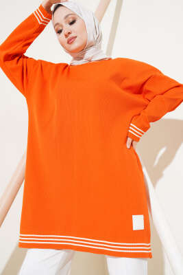 Polyelit Çizgi Detaylı Tunik Oranj - Thumbnail