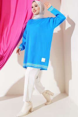 Polyelit Çizgi Detaylı Tunik Mavi - Thumbnail