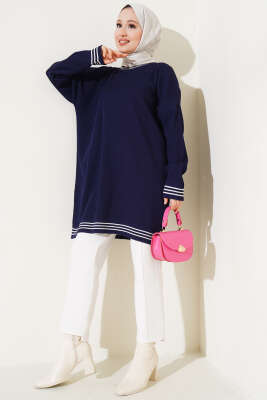 Polyelit Çizgi Detaylı Tunik Lacivert - Thumbnail