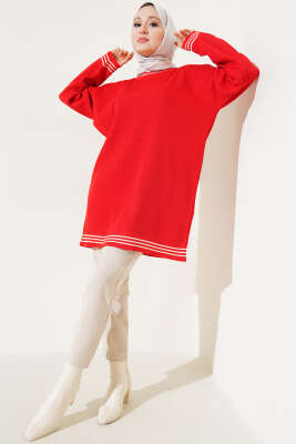 Polyelit Çizgi Detaylı Tunik Kırmızı - Thumbnail