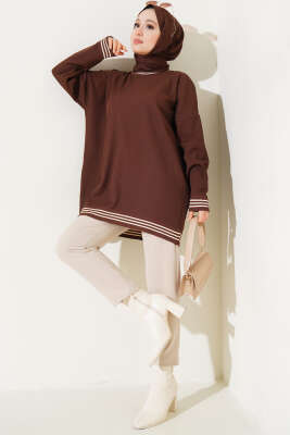 Polyelit Çizgi Detaylı Tunik Kahve - Thumbnail