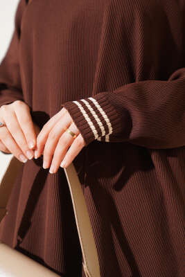 Polyelit Çizgi Detaylı Tunik Kahve - Thumbnail