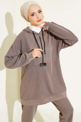 Armalı Fermuarlı Kapüşonlu İkili Takım Vizon - Thumbnail