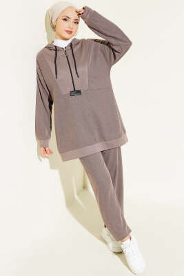 Armalı Fermuarlı Kapüşonlu İkili Takım Vizon - Thumbnail