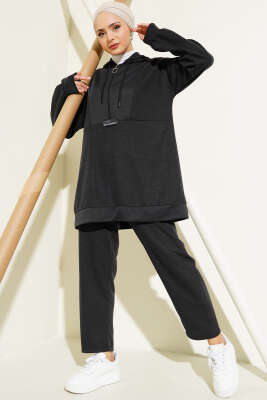 Armalı Fermuarlı Kapüşonlu İkili Takım Siyah - Thumbnail