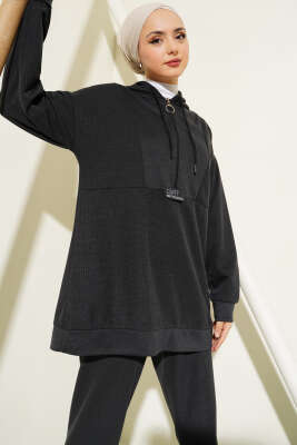 Armalı Fermuarlı Kapüşonlu İkili Takım Siyah - Thumbnail