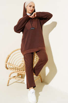 Armalı Fermuarlı Kapüşonlu İkili Takım Kahve - Thumbnail