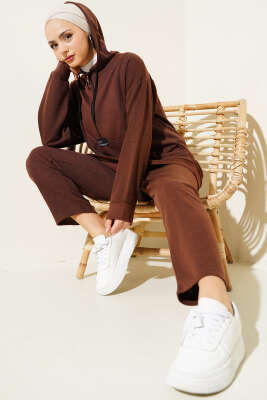 Pazarium - Armalı Fermuarlı Kapüşonlu İkili Takım Kahve