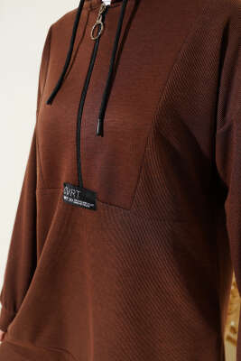 Armalı Fermuarlı Kapüşonlu İkili Takım Kahve - Thumbnail