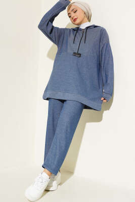 Pazarium - Armalı Fermuarlı Kapüşonlu İkili Takım İndigo