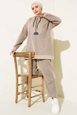 Armalı Fermuarlı Kapüşonlu İkili Takım Bej - Thumbnail