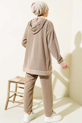 Armalı Fermuarlı Kapüşonlu İkili Takım Bej - Thumbnail