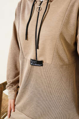 Armalı Fermuarlı Kapüşonlu İkili Takım Bej - Thumbnail