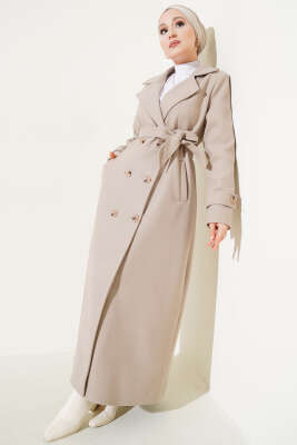 Kruvaze Yaka Kuşaklı Uzun Kaşe Kaban Taş - Thumbnail