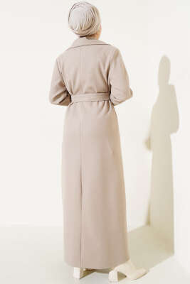 Kruvaze Yaka Kuşaklı Uzun Kaşe Kaban Taş - Thumbnail